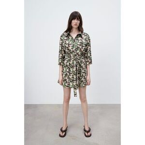 ZARA Camo Printed Mini Dress S Military Shirt Dress Silver Buttons